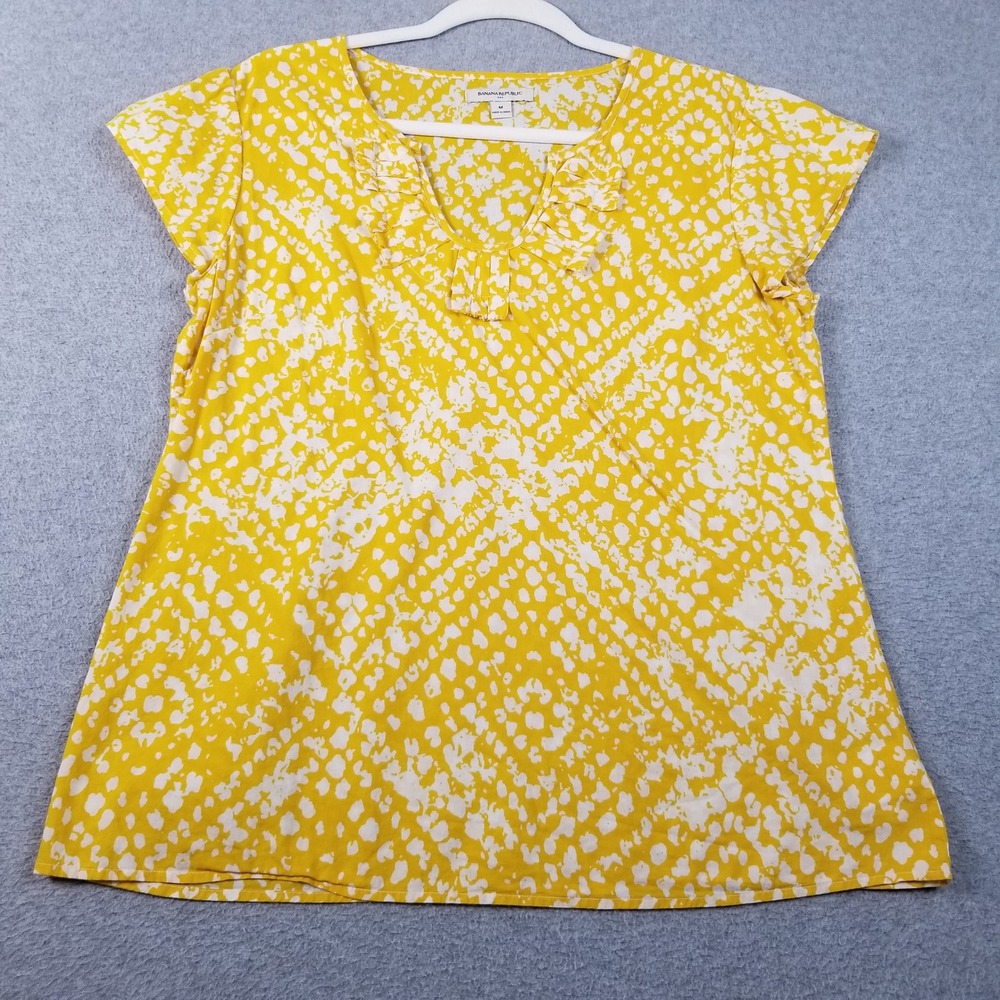Banana Republic Blouse Womens Medium Yellow White Abstract Sheer Thin Cotton Top